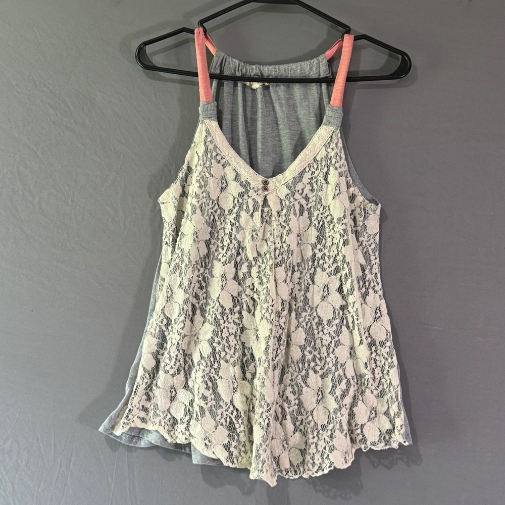 Rewind Lace Overlay Tank Top Womens Large Gray Pink Boho Excellent N0681AVKJ